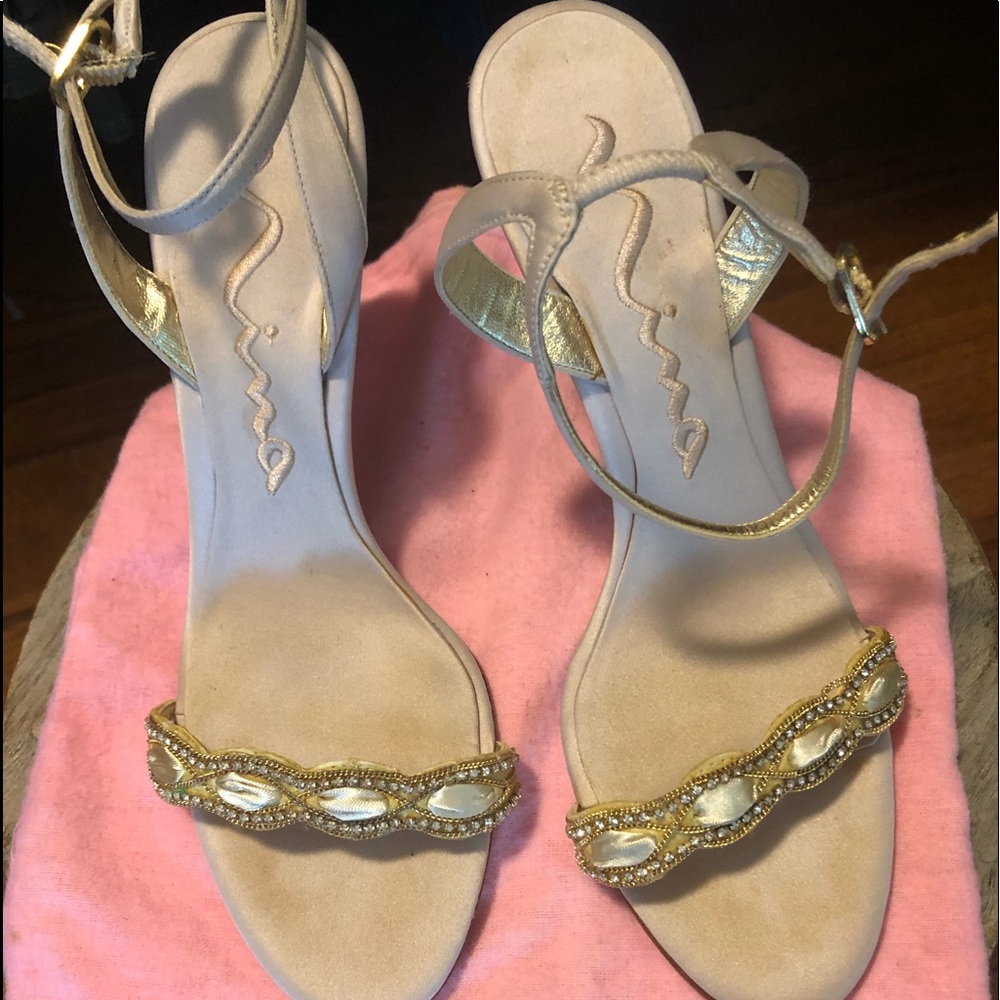 Nina Beige Satin Evening Sandal, Size 8.5.